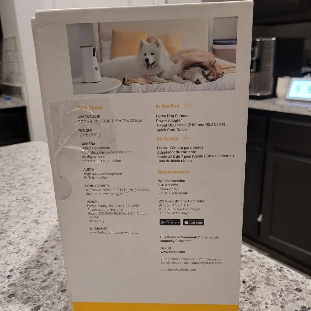 Furbo Dog Camera Treat Tossing, 1080P 2.4G Wifi only 2-Way Audio White